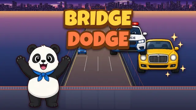 Bridge Dodge gameplay: a cartoon panda dodging cars on a busy highway bridge