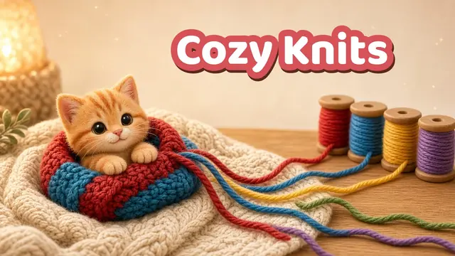 Cozy Knits gameplay: a knitted beanie made of colorful yarn strands unravelling onto wooden spools, with a felt kitten peeking out