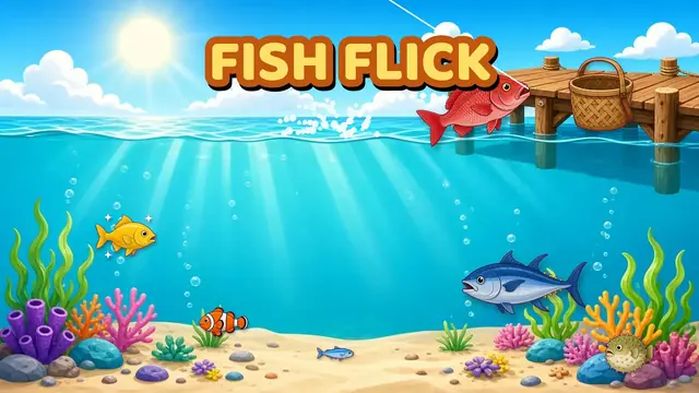 Fish Flick gameplay: colorful fish swimming under a wooden dock with a fishing basket
