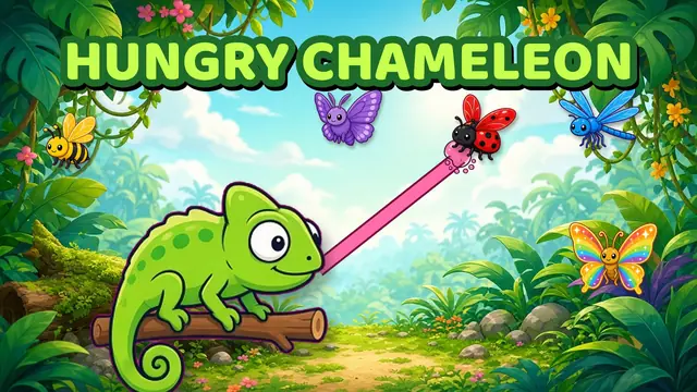 Hungry Chameleon gameplay: a chameleon on a branch shooting its tongue at a colorful bug