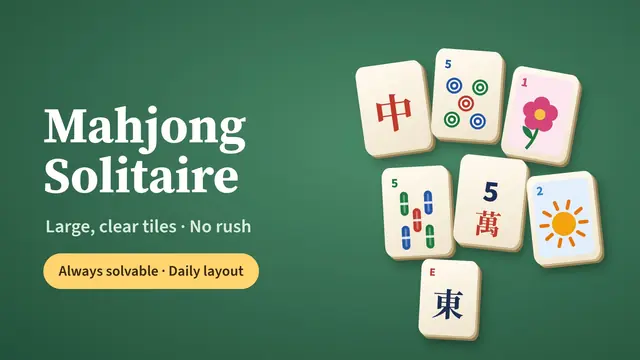 Large Mahjong Solitaire tiles on a green table: Red Dragon, 5 of Dots, a flower, 5 of Bamboo, 5 of Characters, the Summer season and the East Wind