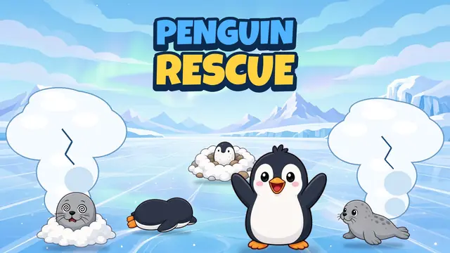 Penguin Rescue gameplay: a penguin sliding across the ice toward a giant snow pile