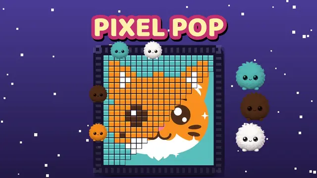 Pixel Pop gameplay: fluffy color shooters riding a belt around a pixel kitten picture and popping matching pixels