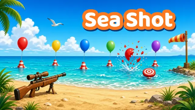 Sea Shot gameplay: colorful balloons tied to striped floats bobbing on a turquoise sea, one popping into confetti, with a toy air rifle on the sand; stage 2 adds bottles and boat targets at golden dusk; stage 3 is a stormy sea with a deck cannon, speedboats and barges; stage 4 is a dark typhoon with lightning, a shore battery and cartoon warships