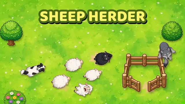 Sheep Herder gameplay: a sheepdog guiding a flock of white sheep toward a wooden pen