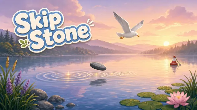 Skip Stone gameplay: a flat stone skipping across a calm dawn lake, leaving rings of ripples on the water