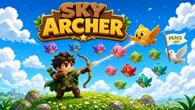 Sky Archer gameplay: an archer drawing a bow at colorful birds flying across a blue sky
