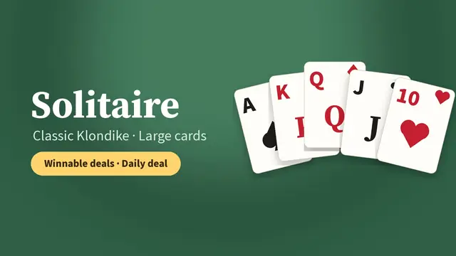 Klondike Solitaire with large playing cards fanned on a green felt table: Ace of spades, King of hearts, Queen of diamonds, Jack of clubs and 10 of hearts