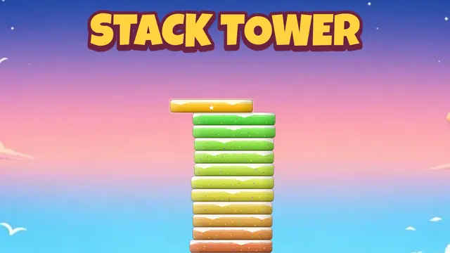 Stack Tower gameplay: a tall stack of colorful layers rising into a sunset sky