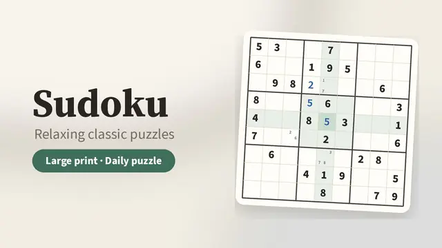 Large print Sudoku grid on a paper card with the center square selected, its row, column and box softly highlighted, and a few blue numbers and small pencil notes
