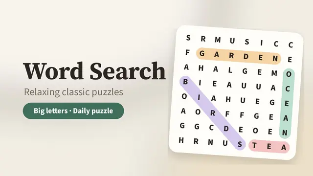 Word Search puzzle with large letters on a paper card; the words Garden, Ocean, Birds and Tea are circled in soft pastel colors